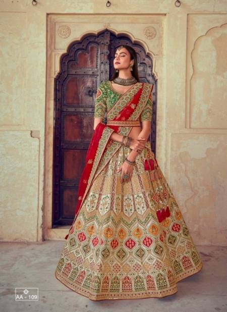 Green And Cream Colour Exclusive Bridal Wedding Wear Heavy Embroidery Work Latest Lehenga Choli Collection AA-109